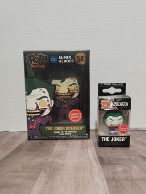 Funko The Joker Dceased Enamel Pin & Pocket Pop Keychain GameStop Exclusive.